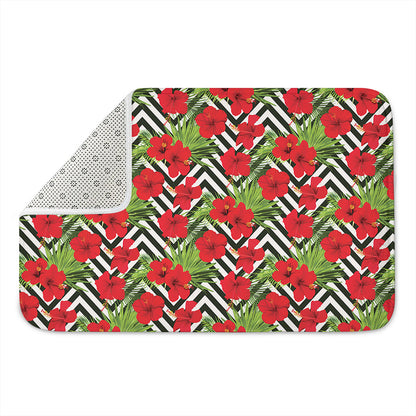 Red Hibiscus Chevron Pattern Print Indoor Door Mat