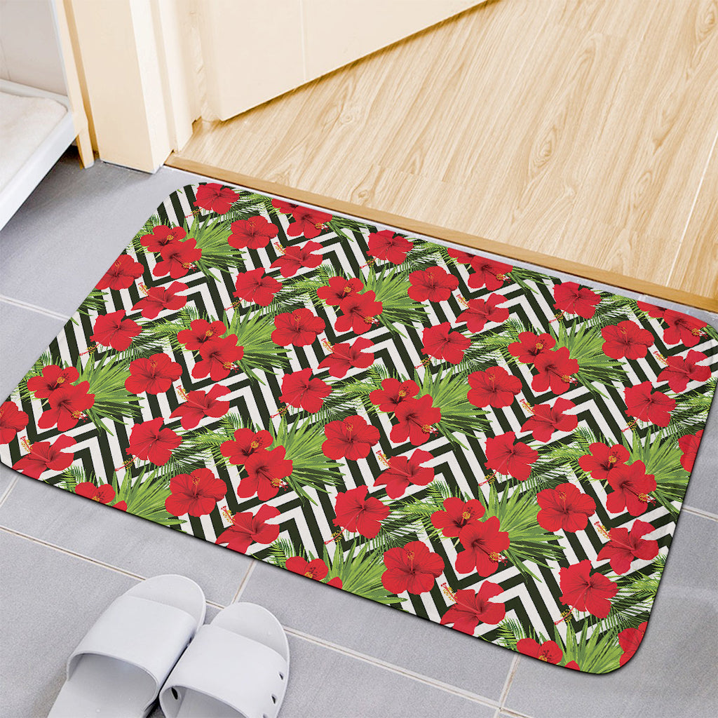 Red Hibiscus Chevron Pattern Print Indoor Door Mat