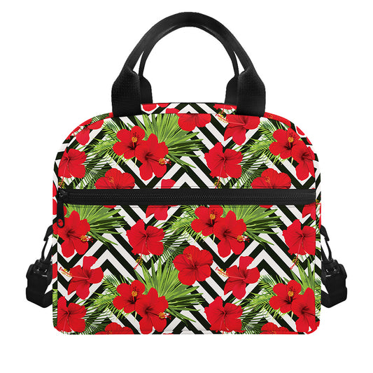 Red Hibiscus Chevron Pattern Print Insulated Lunch Bag