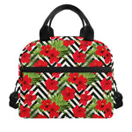 Red Hibiscus Chevron Pattern Print Insulated Lunch Bag