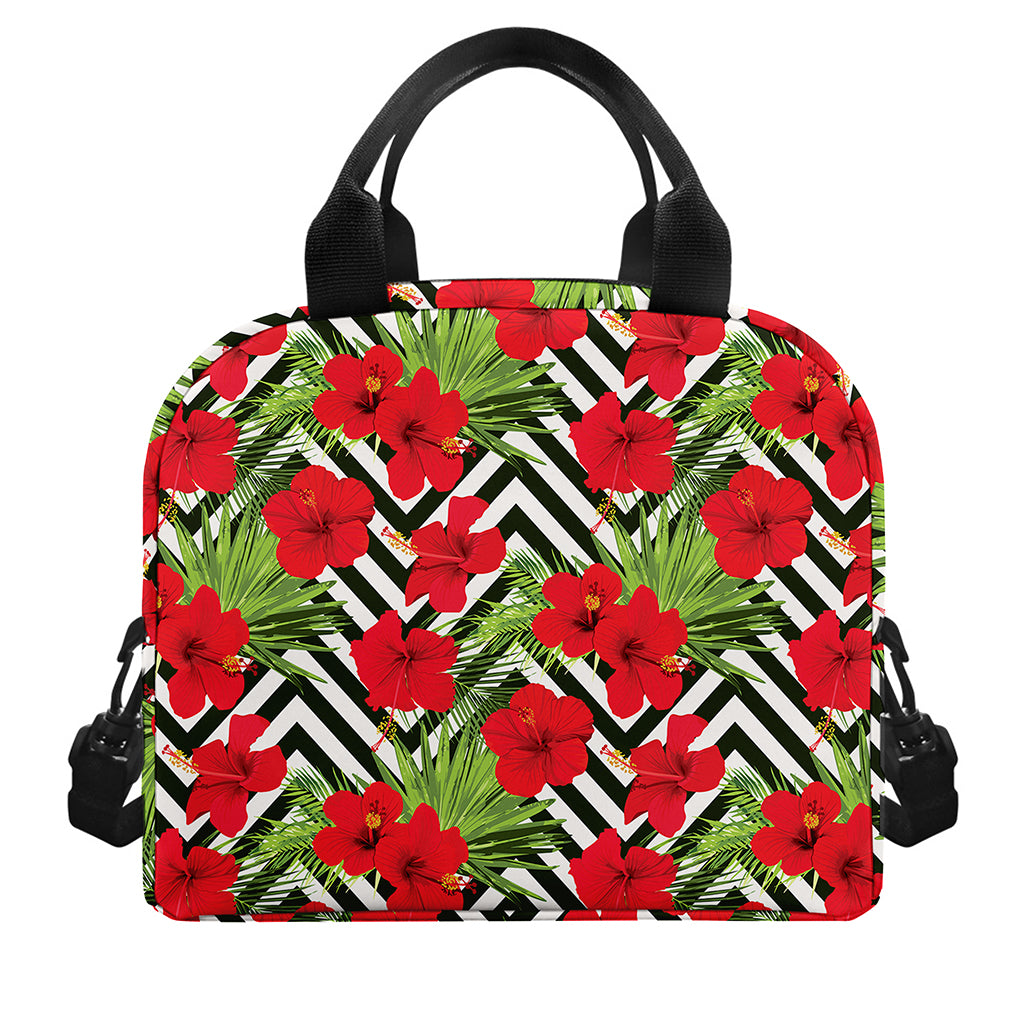 Red Hibiscus Chevron Pattern Print Insulated Lunch Bag