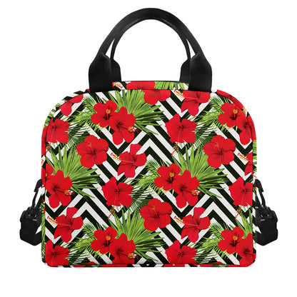 Red Hibiscus Chevron Pattern Print Insulated Lunch Bag