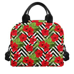 Red Hibiscus Chevron Pattern Print Insulated Lunch Bag