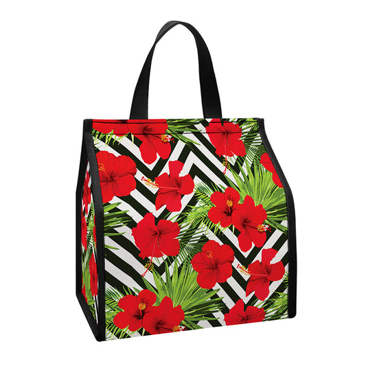 Red Hibiscus Chevron Pattern Print Insulated Lunch Tote