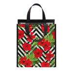Red Hibiscus Chevron Pattern Print Insulated Lunch Tote