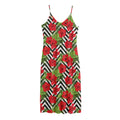 Red Hibiscus Chevron Pattern Print Jersey Midi Cami Dress