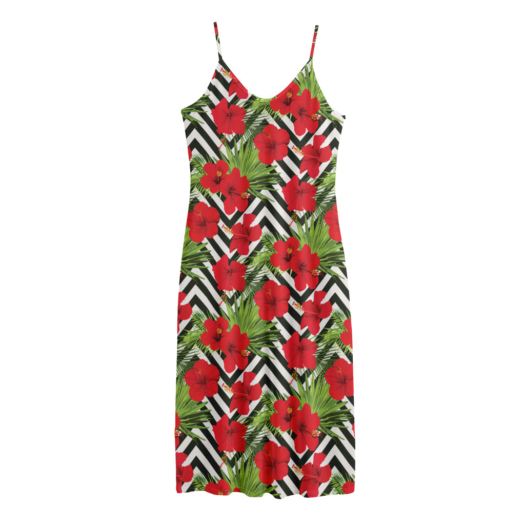 Red Hibiscus Chevron Pattern Print Jersey Midi Cami Dress