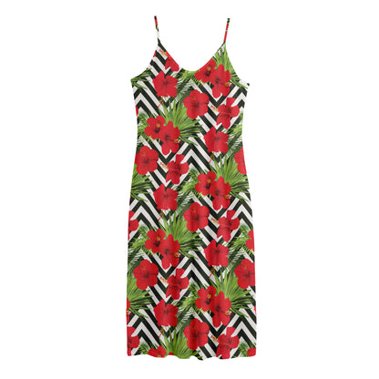 Red Hibiscus Chevron Pattern Print Jersey Midi Cami Dress