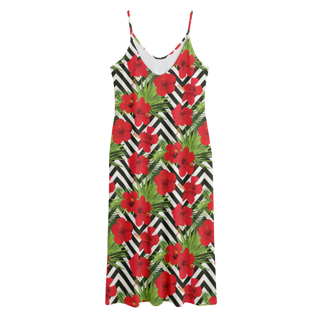Red Hibiscus Chevron Pattern Print Jersey Midi Cami Dress