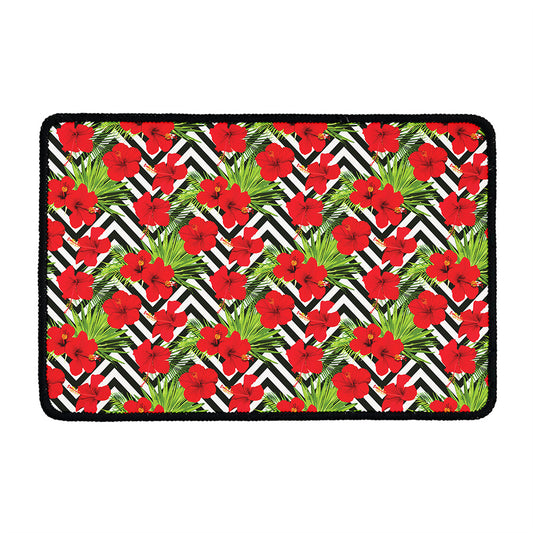 Red Hibiscus Chevron Pattern Print Kitchen Mat