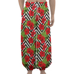 Red Hibiscus Chevron Pattern Print Lantern Pants