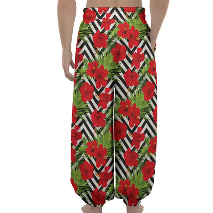 Red Hibiscus Chevron Pattern Print Lantern Pants