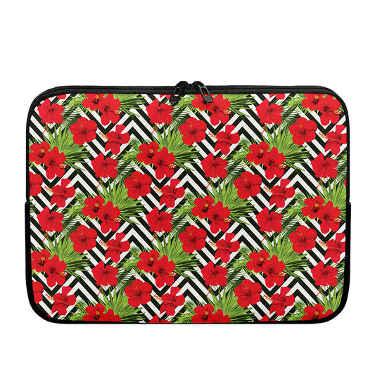 Red Hibiscus Chevron Pattern Print Laptop Sleeve