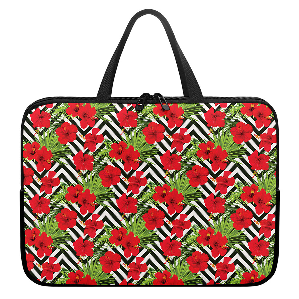 Red Hibiscus Chevron Pattern Print Laptop Sleeve With Handle