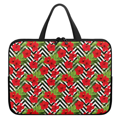 Red Hibiscus Chevron Pattern Print Laptop Sleeve With Handle