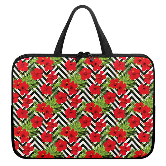 Red Hibiscus Chevron Pattern Print Laptop Sleeve With Handle