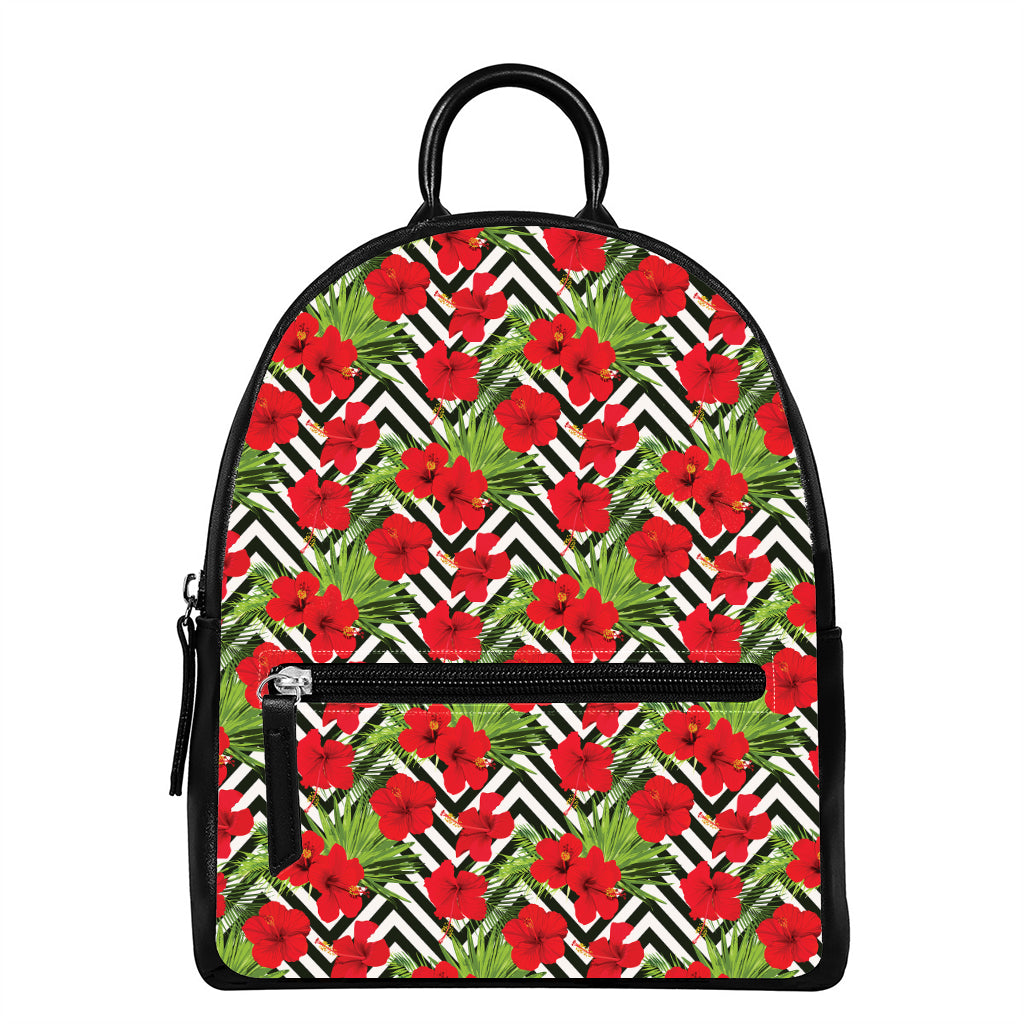 Red Hibiscus Chevron Pattern Print Leather Backpack