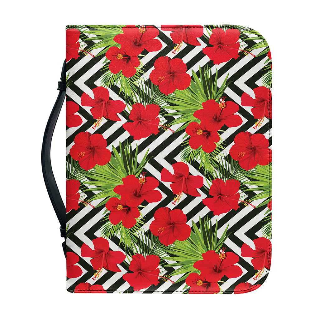 Red Hibiscus Chevron Pattern Print Leather Bible Cover