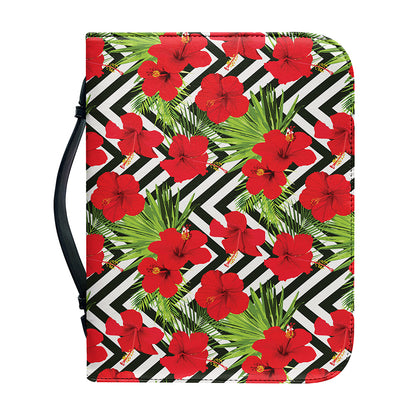 Red Hibiscus Chevron Pattern Print Leather Bible Cover