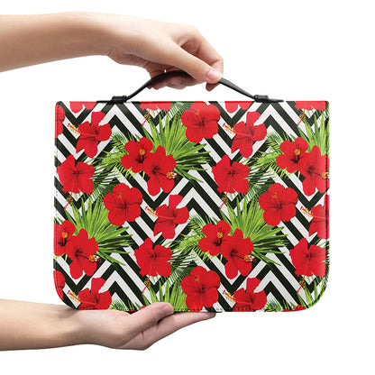 Red Hibiscus Chevron Pattern Print Leather Bible Cover