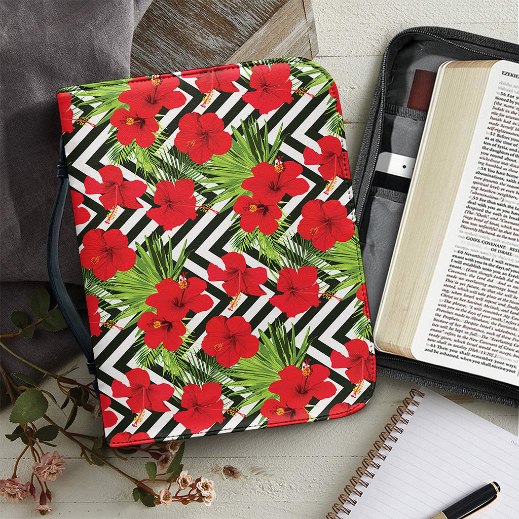 Red Hibiscus Chevron Pattern Print Leather Bible Cover