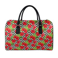 Red Hibiscus Chevron Pattern Print Leather Duffel Bag