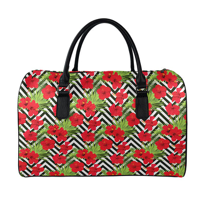 Red Hibiscus Chevron Pattern Print Leather Duffle Bag