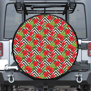 Red Hibiscus Chevron Pattern Print Leather Spare Tire Cover