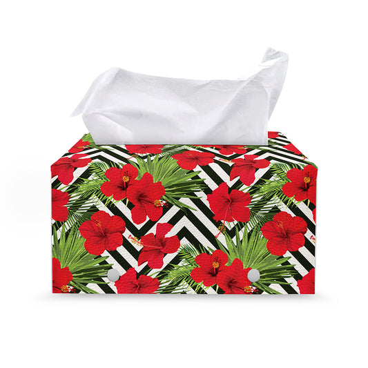 Red Hibiscus Chevron Pattern Print Leather Tissue Box Cover