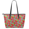 Red Hibiscus Chevron Pattern Print Leather Tote Bag With Zipper