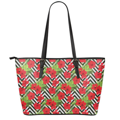 Red Hibiscus Chevron Pattern Print Leather Tote Bag
