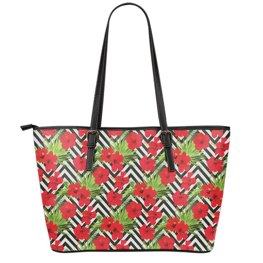 Red Hibiscus Chevron Pattern Print Leather Tote Bag