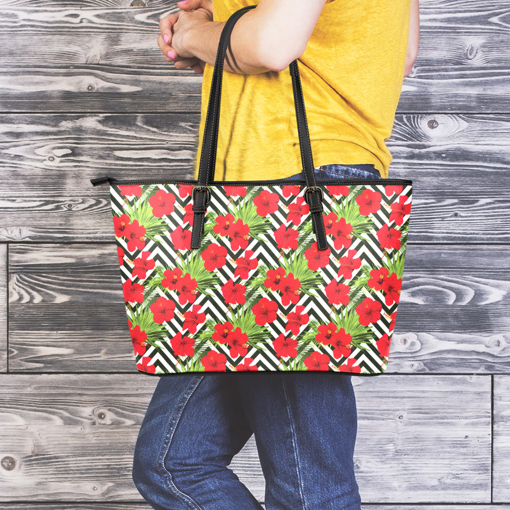 Red Hibiscus Chevron Pattern Print Leather Tote Bag