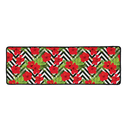 Red Hibiscus Chevron Pattern Print Long Kitchen Mat