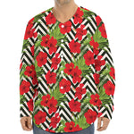 Red Hibiscus Chevron Pattern Print Long Sleeve Baseball Jersey