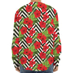 Red Hibiscus Chevron Pattern Print Long Sleeve Baseball Jersey
