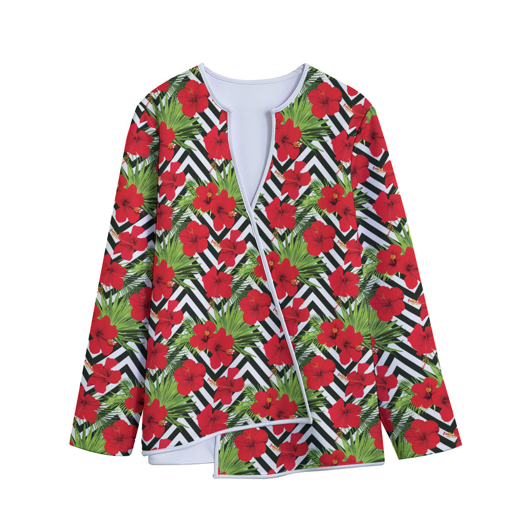 Red Hibiscus Chevron Pattern Print Long Sleeve Short Coat
