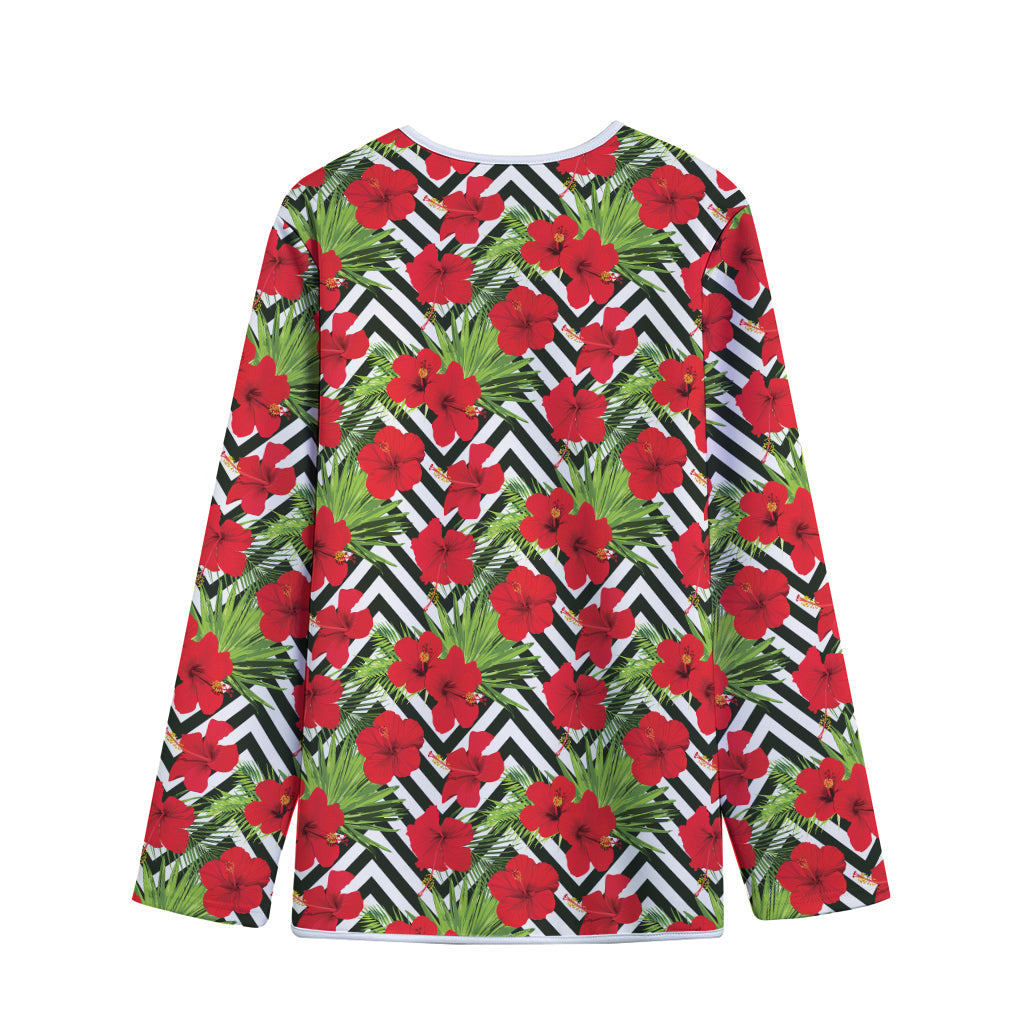 Red Hibiscus Chevron Pattern Print Long Sleeve Short Coat