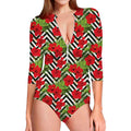 Red Hibiscus Chevron Pattern Print Long Sleeve Swimsuit