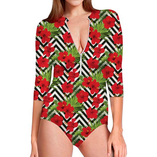 Red Hibiscus Chevron Pattern Print Long Sleeve Swimsuit