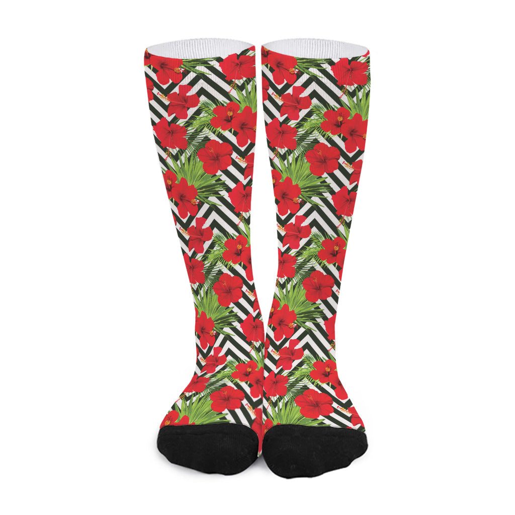 Red Hibiscus Chevron Pattern Print Long Socks