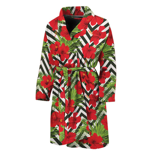 Red Hibiscus Chevron Pattern Print Men's Bathrobe