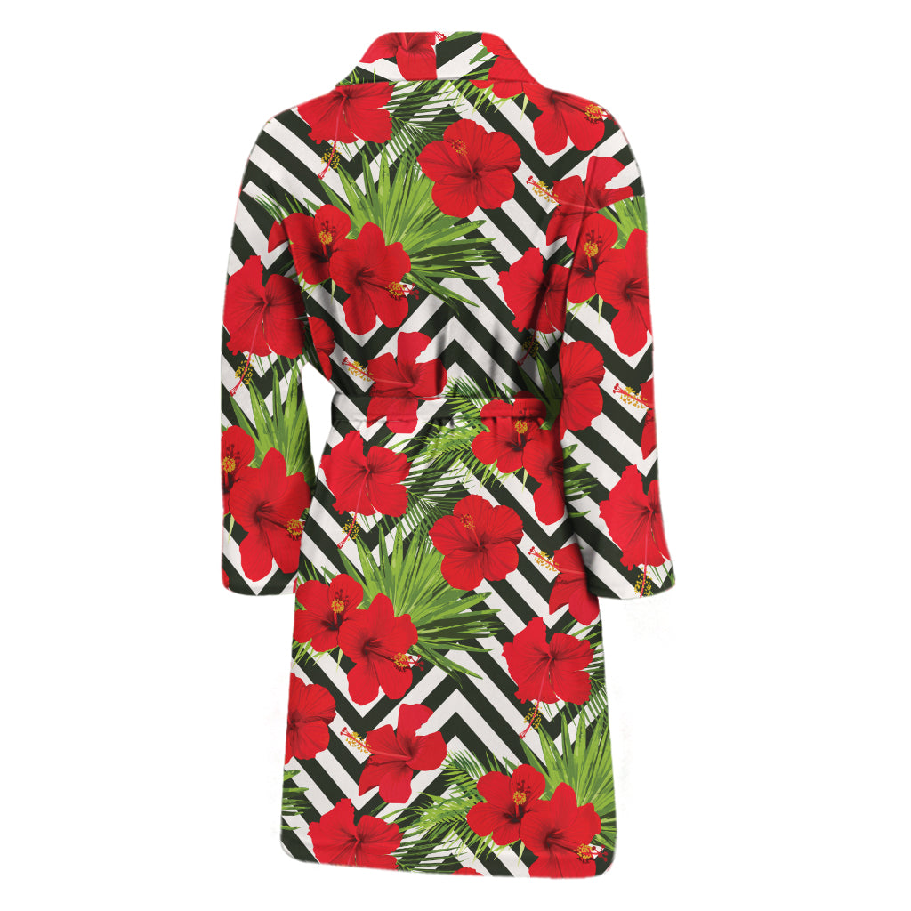 Red Hibiscus Chevron Pattern Print Men's Bathrobe
