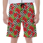 Red Hibiscus Chevron Pattern Print Men's Beach Shorts