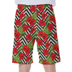 Red Hibiscus Chevron Pattern Print Men's Beach Shorts