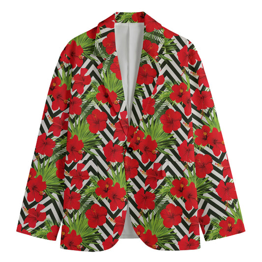 Red Hibiscus Chevron Pattern Print Men's Blazer