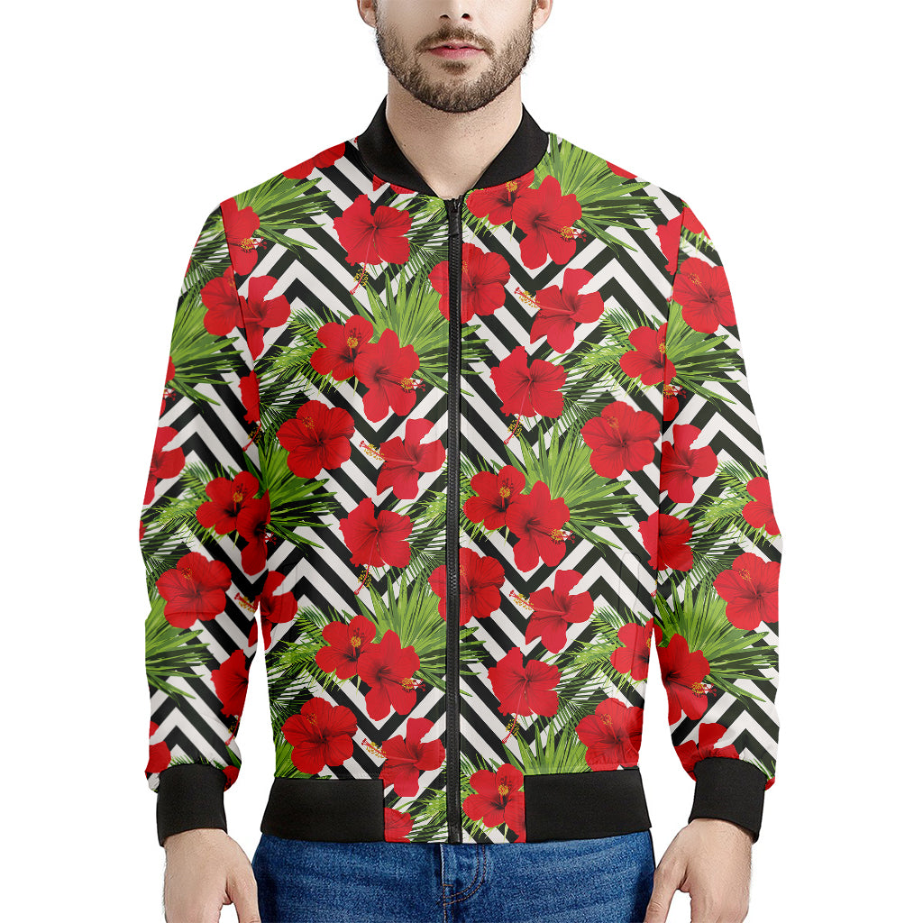 Red Hibiscus Chevron Pattern Print Men's Bomber Jacket