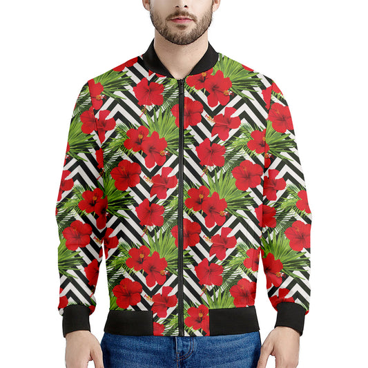 Red Hibiscus Chevron Pattern Print Men's Bomber Jacket