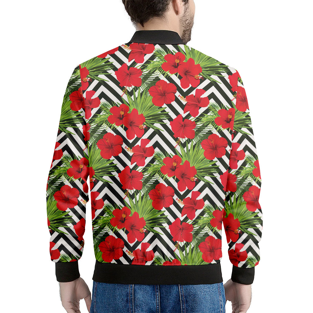 Red Hibiscus Chevron Pattern Print Men's Bomber Jacket