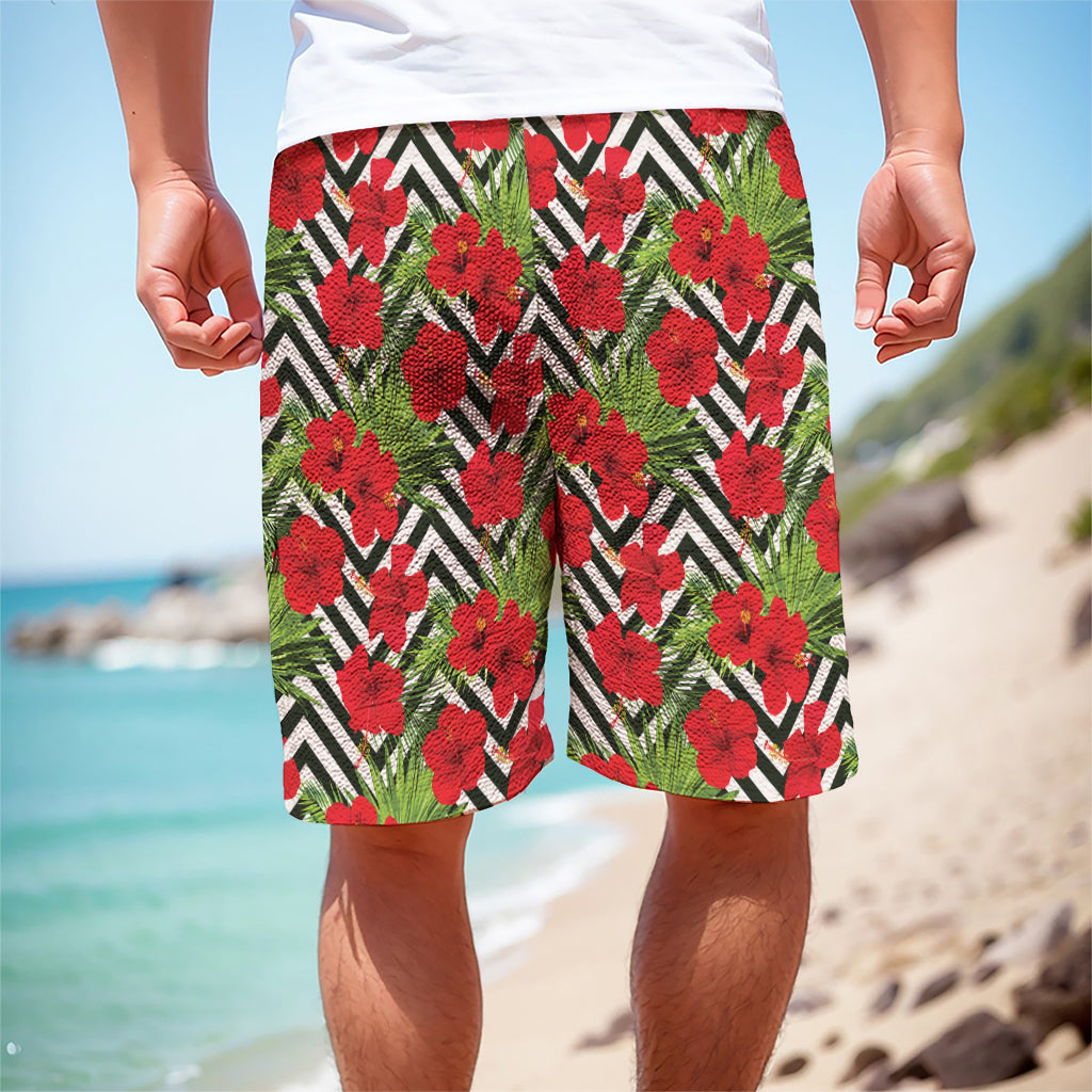 Red Hibiscus Chevron Pattern Print Men's Cargo Shorts